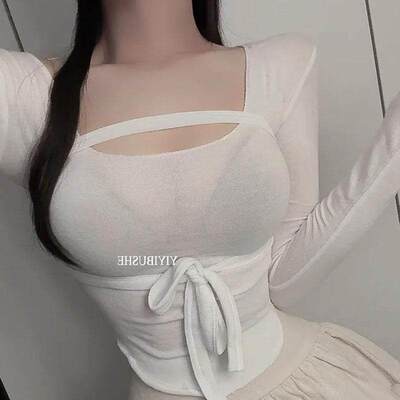 当天发ZP183韩妹~纯欲微透羊毛弧摆修身T恤+飘带set