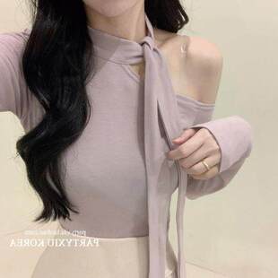 时髦设计系带镂空纯色修身 T恤 百搭长袖