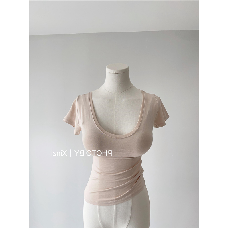 现货~韩国女装女装大门性感V领短袖简约紧身不露腰弹力体恤