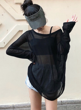 超薄透视长袖防晒T恤性感宽松显瘦超a罩衫上衣女夏健身爵士舞服