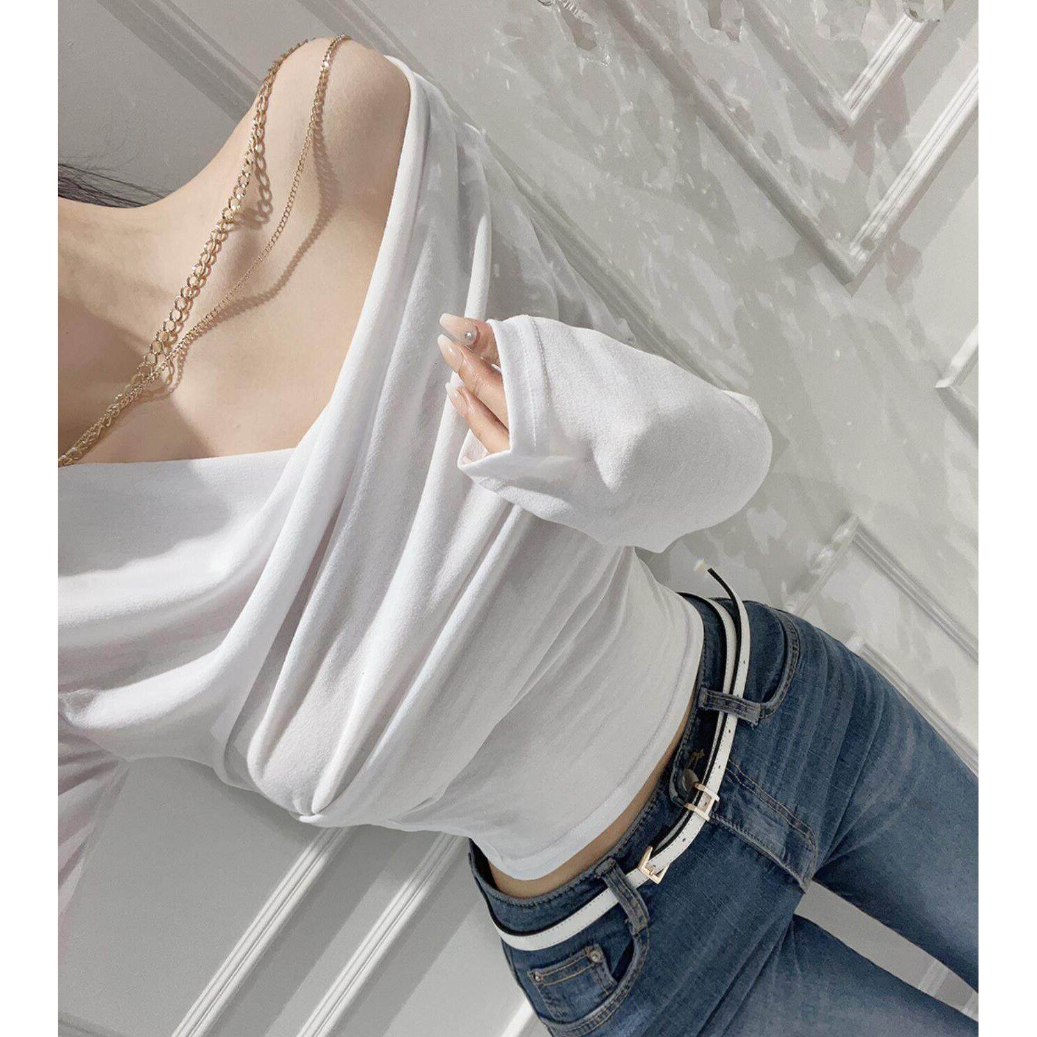 锁链可拆卸紧身长袖体恤显身材褶皱性感收腰短款T恤