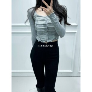 百搭上衣 女褶皱木耳边纯色系扣短款 26春季 新品