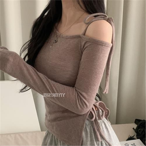 自制 GN158巨显肤白 女人味斜领单露肩抽绳紧身打底衫sr