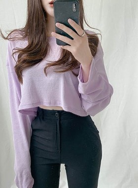 韩国 真的好好看~ 甜美少女紫色露脐短款长袖薄T恤BC612蒖he