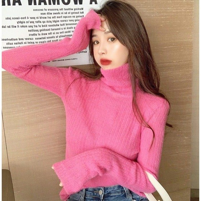 糖果彩色性感镂空内搭毛衣女玫粉色堆堆高领薄款修身针织打底衫潮
