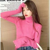 针织打底衫 糖果彩色性感镂空内搭毛衣女玫粉色堆堆高领薄款 修身 潮