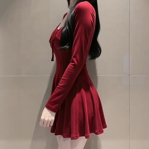 东大门新品 复古酒红色 纯欲 女人味U领露锁骨掐腰连衣裙