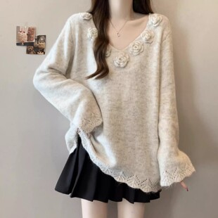 慵懒风V领针织衫女薄款2026春秋新款大码中长款花朵韩系外穿上衣