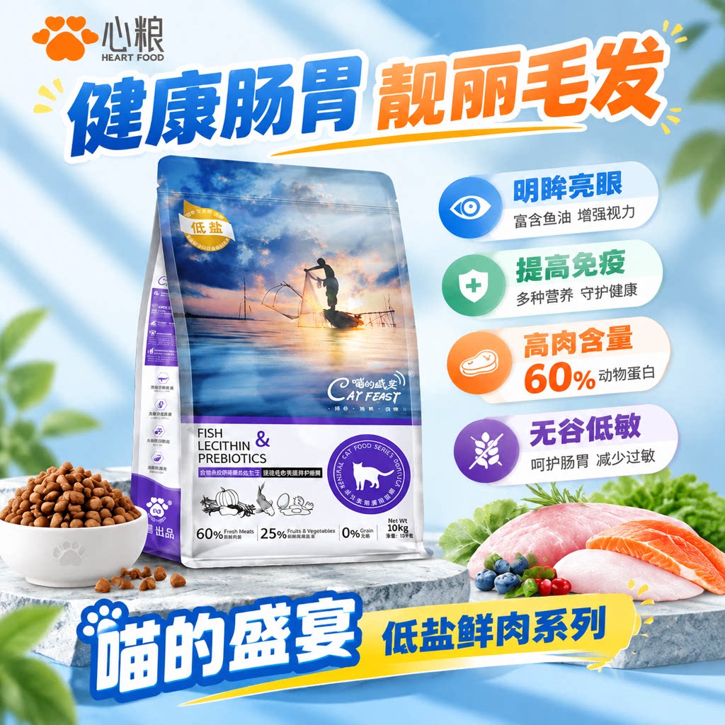 心粮喵的盛宴鲜肉猫粮肠胃鱼肉鸡肉低盐低脂成猫幼猫全价全期低敏