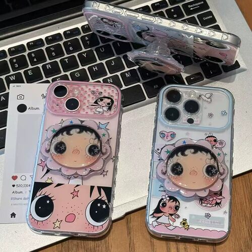 Polka Dot Cloud Cartoon Girl Kickstand Soft Phone Case Side Hearts Shockproof 适用 iPhone 17 16 15