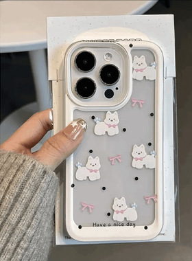 Black Polka Dot White Dog Soft Case适用 iPhone 13/14/15/16 Pro Max, Trendy Transparent Cover
