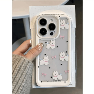 Black Polka Dot White Dog Soft Case适用 iPhone 13/14/15/16 Pro Max, Trendy Transparent Cover