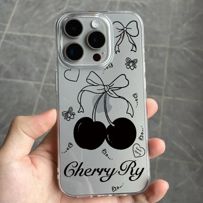 Black cherry bow clear case 适用iphone 11 12 13 14 15 16 17 pro max XR XS MAX 7 8 PLUS