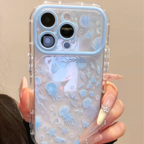 Ocean Style Jellyfish Fish Shell Starfish Print Hard Phone Case 适用 iPhone18 17 Pro Max 16 15 14