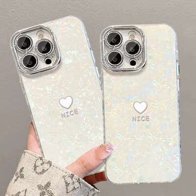 Iridescent Mother of Pearl Cracked Heart Phone Case 适用 iPhone18 17 Pro Max 16 15 Shockproof Cover
