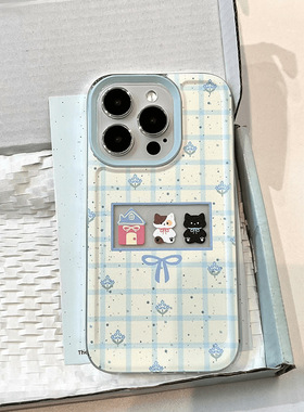 Fresh Blue Gingham Cat Clear Case Soft Cover 适用 iPhone 12/13/14/15 Pro Max Transparent Lightweight