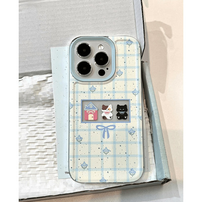 Fresh Blue Gingham Cat Clear Case Soft Cover 适用 iPhone 12/13/14/15 Pro Max Transparent Lightweight