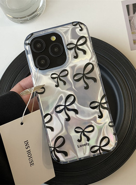 Water ripple black bowknot case适用iphone 11 12 13 14 15 16 17 pro max XR XS MAX 7 8PLUS