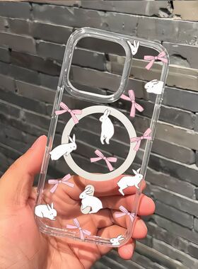 Cute cartoon bowknot rabbit magnetic clear case适用iphone 11 12 13 14 15 16 plus 17 pro max