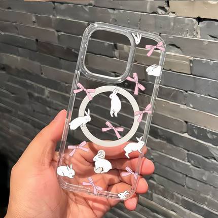 Cute cartoon bowknot rabbit magnetic clear case适用iphone 11 12 13 14 15 16 plus 17 pro max