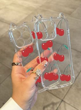 Cat's ears Red cherry transparent case适用iphone 11 12 13 14 15 16 17 pro max