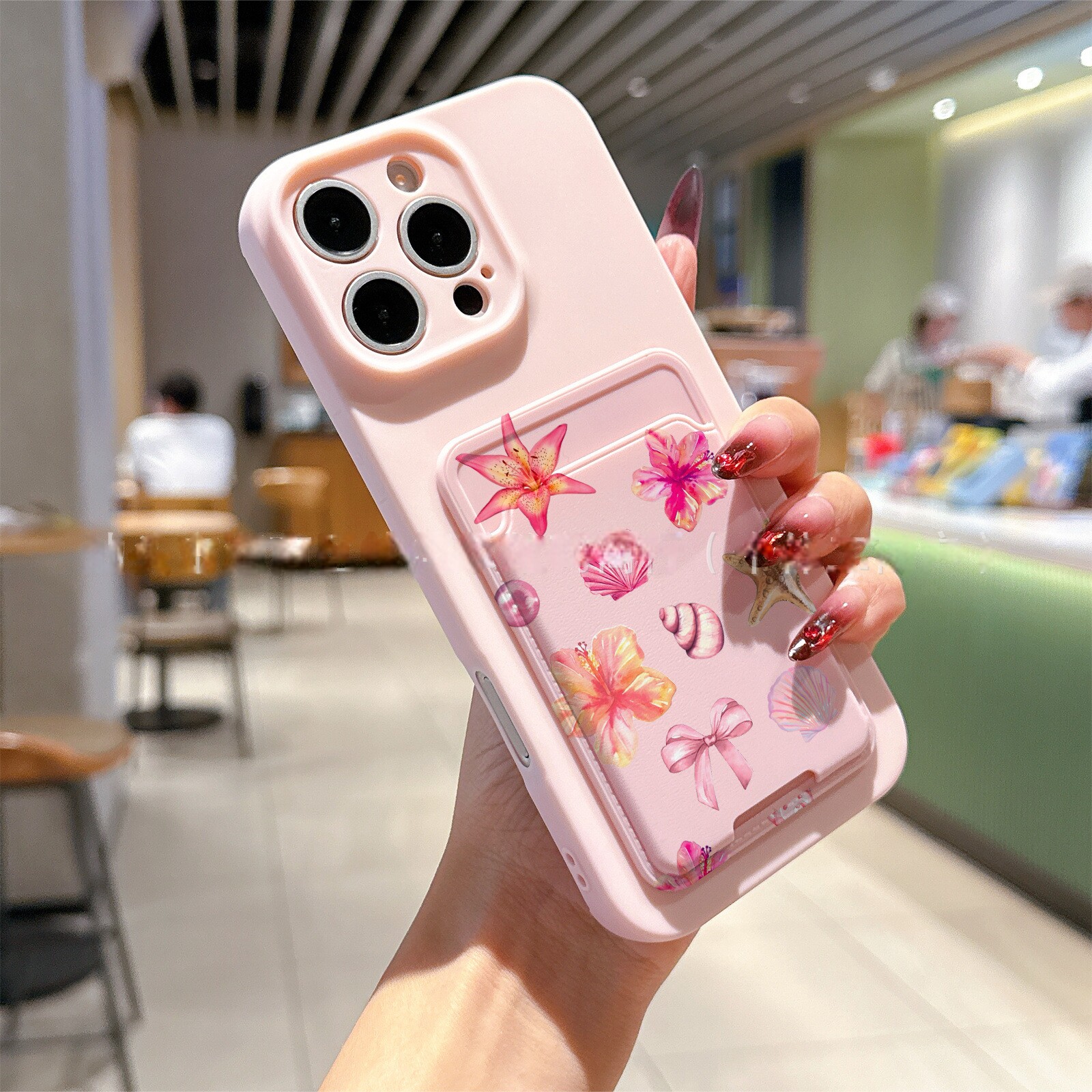 Pink English flower bow card case适用iphone 11 12 13 14 15 16 plus 17 pro max