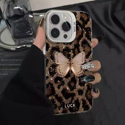 Laser leopard print butterfly flower case适用iphone 11 12 13 14 15 16 17 pro max XR XS MAX 7 8PLUS