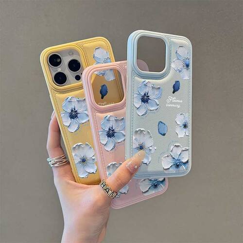 Oil Painting Blue Flower Leather Texture Large Window Phone Case 适用 iPhone 17 16 Pro Max 15 14 13