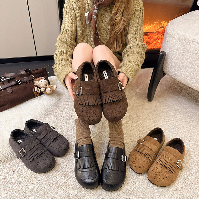 流苏复古加绒勃肯鞋女2025冬季新款厚底豆豆鞋玛丽珍鞋灰色毛毛鞋
