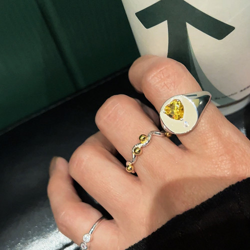 韩国925纯银黄水晶爱心设计感时尚个性戒指 开口戒 可调节