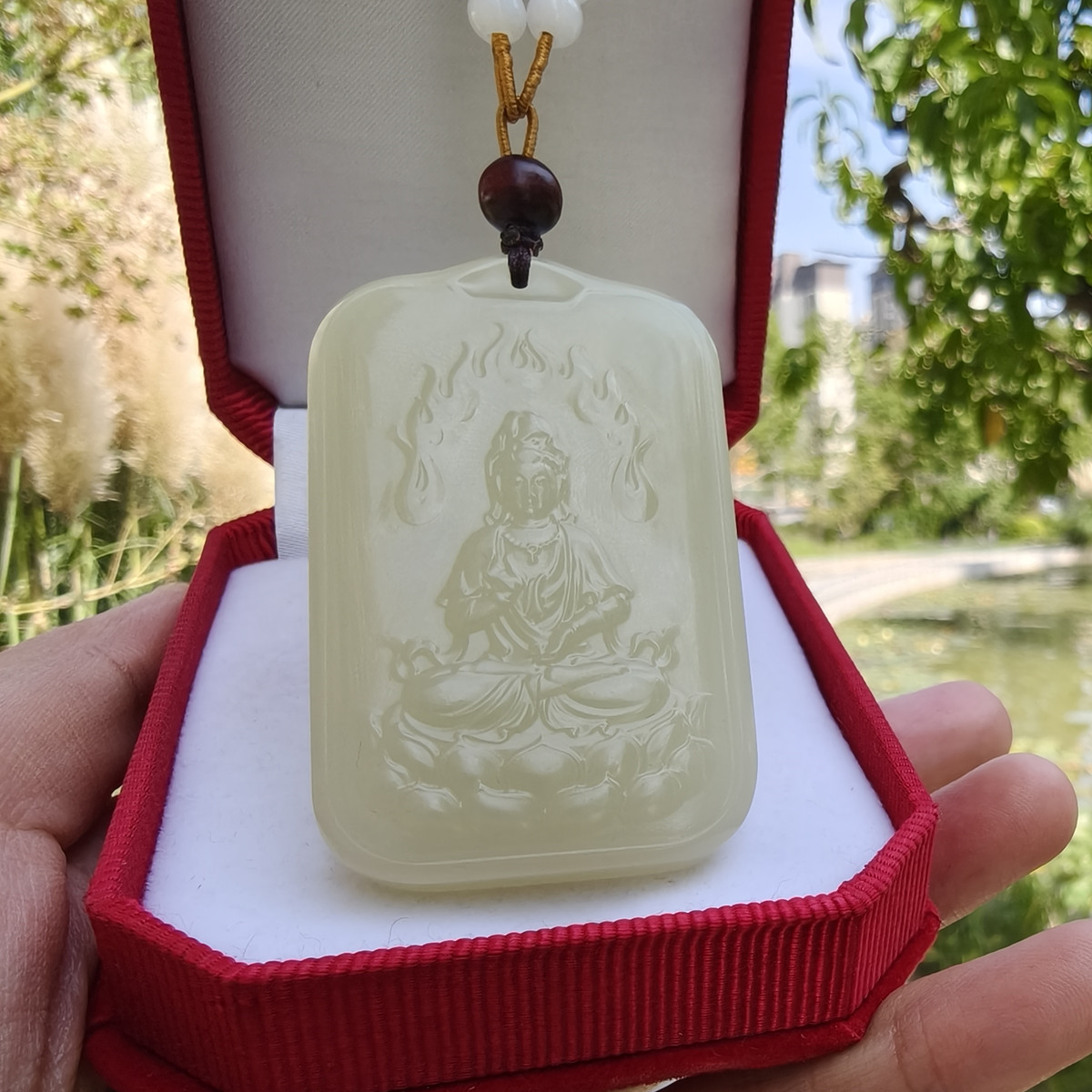 遇玉纯天然青白莲花观音吊坠项链
