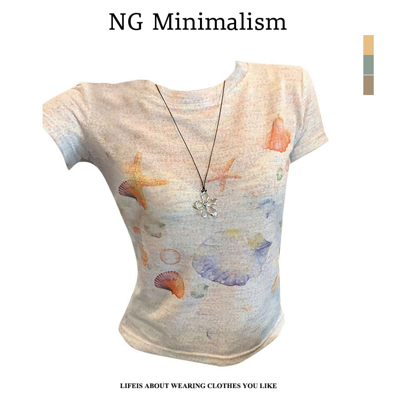 NG Mini 现货 绝美花纱面料水果印花短袖T恤女夏季百搭短款上衣