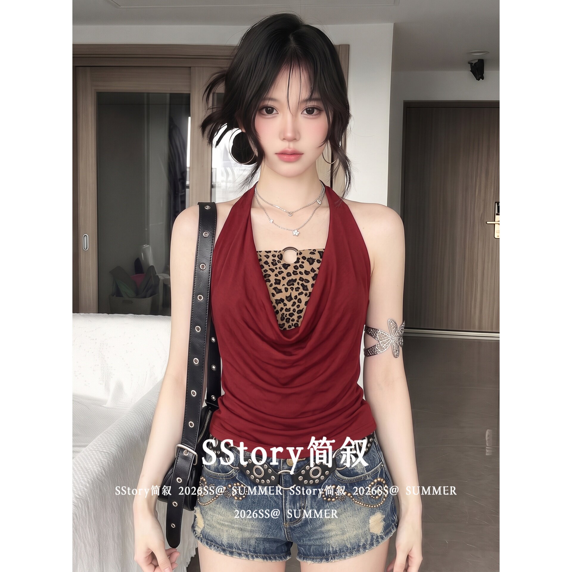 SStory简叙豹纹性感挂脖荡领背心女夏季收腰辣妹风露肩上衣真两件