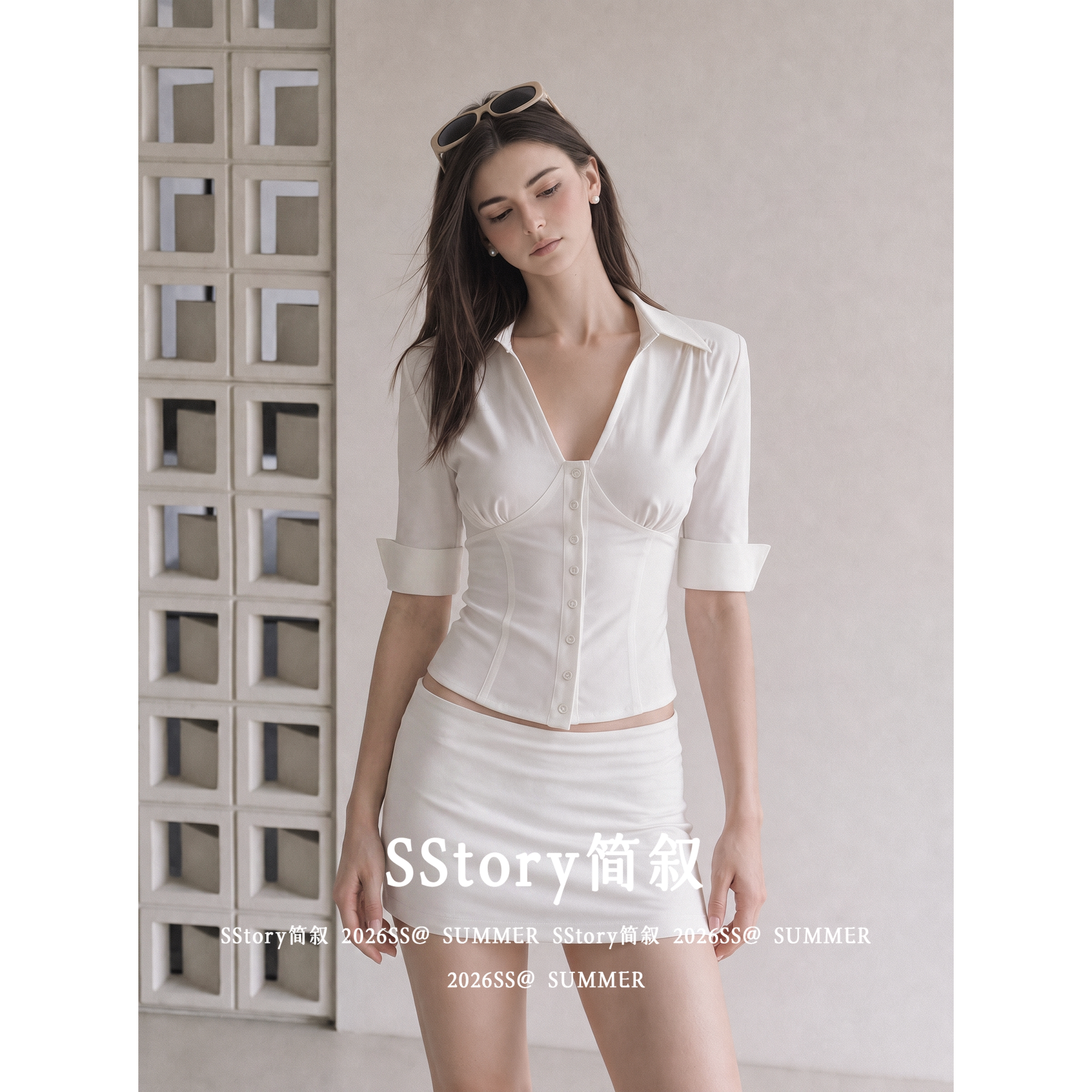 SStory简叙 法式高智v领中袖掐腰衬衫T恤女气质御姐修身显瘦上衣