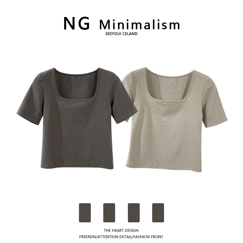 NG Minimalism2022常规显瘦修身露锁骨方领短袖T恤女薄款短款上衣 女装/女士精品 T恤 原图主图