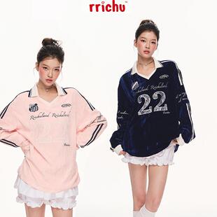 Rrichu 少女球衣Blokette美式运动风polo领蕾丝宽松丝绒长袖上衣