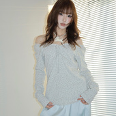 Rrichu「灰屿香颂」长袖 t恤v领蝴蝶结系带外穿打底一字肩碎花上衣