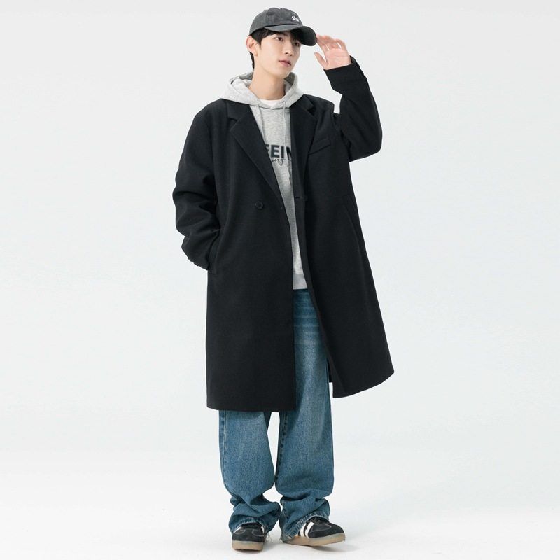 男装春秋新款休闲宽松中长款过膝毛呢大衣男士青少年韩版潮牌外套