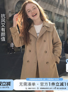 女童英伦风中长款风衣2026春款中大童双排扣翻领开学季校园外套