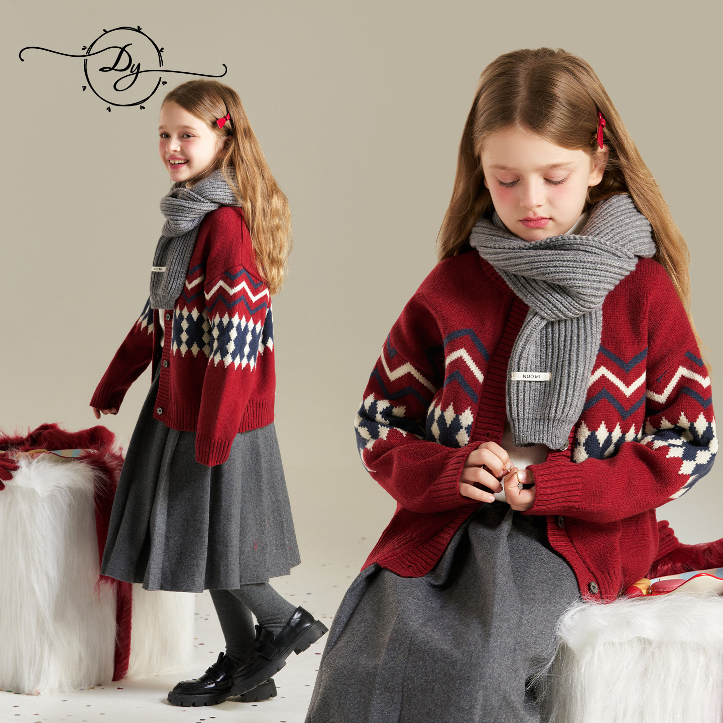 女童圣诞费尔岛提花开衫毛衣2026冬装新年红亲肤柔软中大童毛线衣