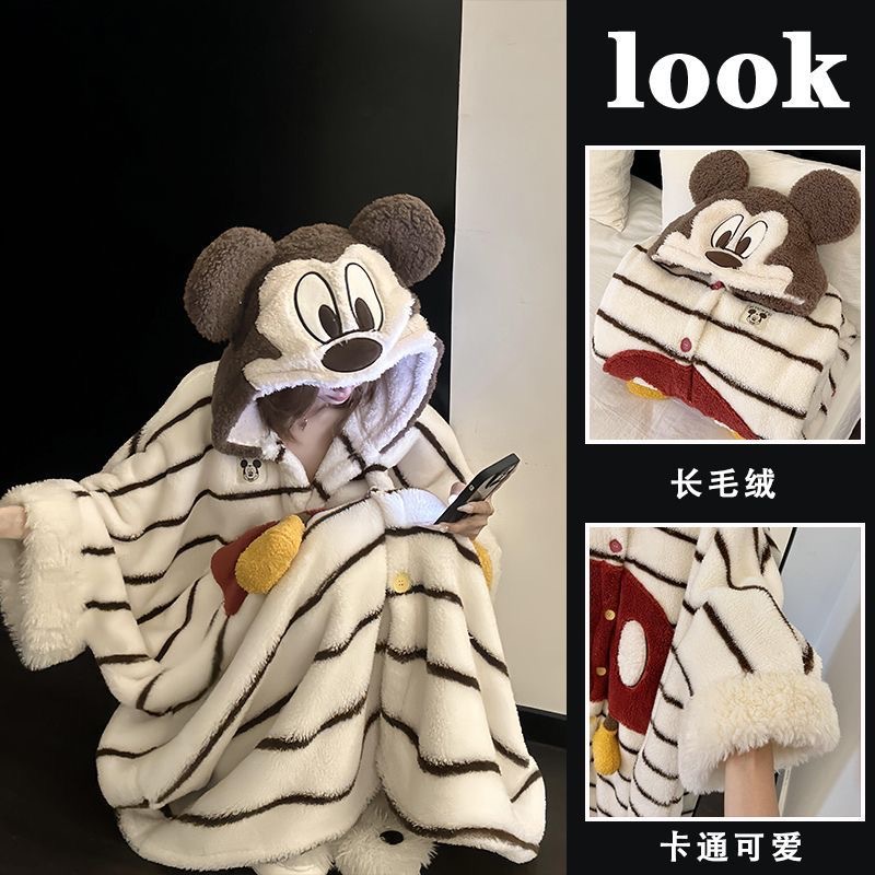 2025新款加绒加厚可爱软妹米奇珊瑚绒连帽睡衣冬季保暖斗篷睡袍