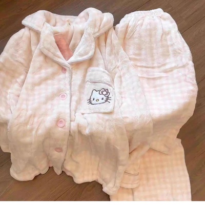 秋冬新款法兰绒珊瑚绒甜美可爱KITTY猫保暖睡衣套装家居服