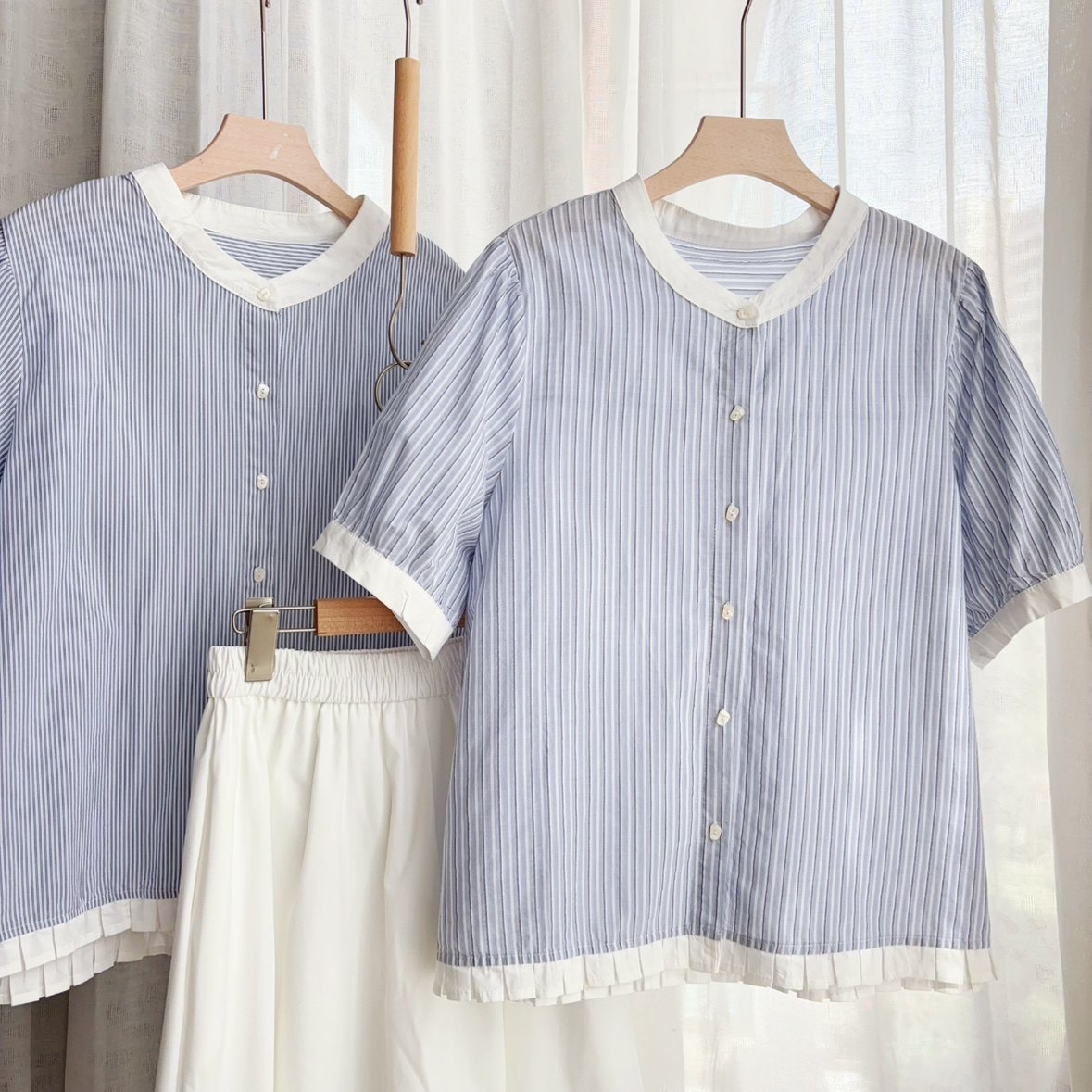 条纹木耳边圆领短袖衬衫