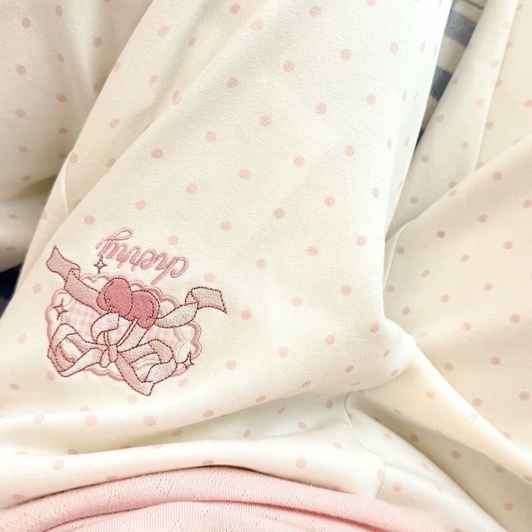 秋冬新款~可爱少女风波点松紧腰休闲樱桃蝴蝶结刺绣直筒裤显瘦