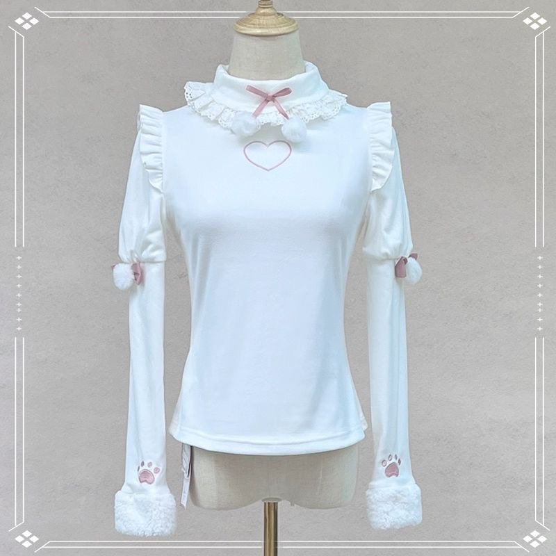 秋冬新软糯少女感爱心刺绣毛绒球球拼花边半高领保暖打底长袖T恤