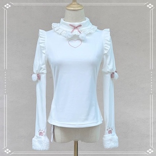 秋冬新软糯少女感爱心刺绣毛绒球球拼花边半高领保暖打底长袖T恤