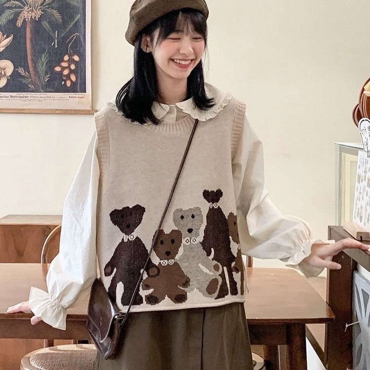 秋季新款女装复古风可爱小熊宽松针织背心马甲无袖外搭学院风