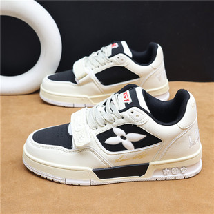 小白鞋 欧美2025新款 运动鞋 男女情侣款 牛皮拼色平底系带圆头板鞋