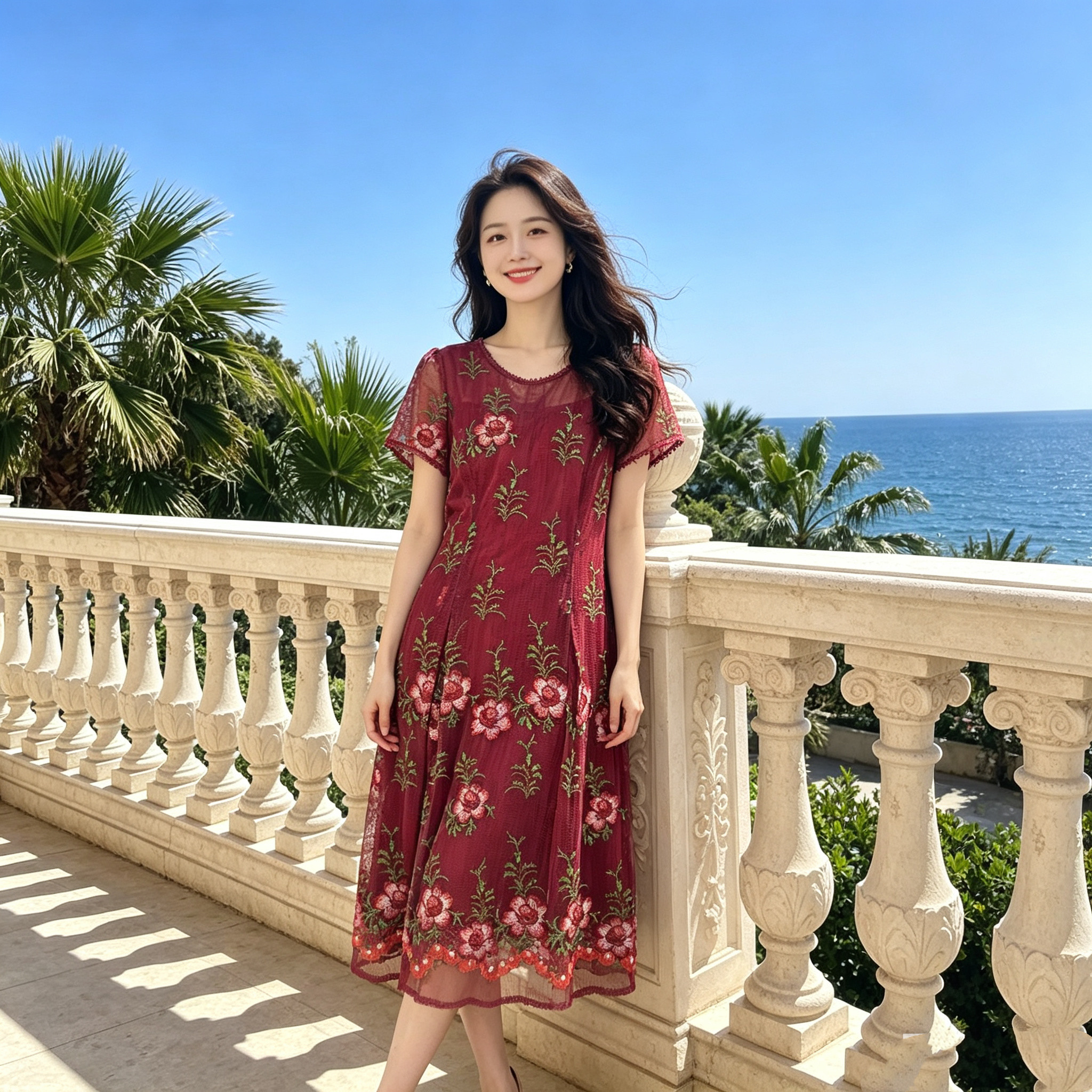 轻熟优雅风红色重工蕾丝刺绣连衣裙女夏短袖圆领收腰显瘦气质裙