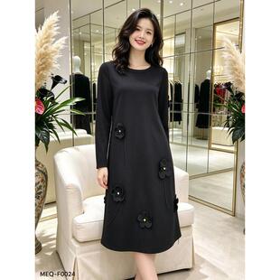 2026 新款黑色贴花直筒裙女长袖遮肉端庄大气妈妈连衣裙